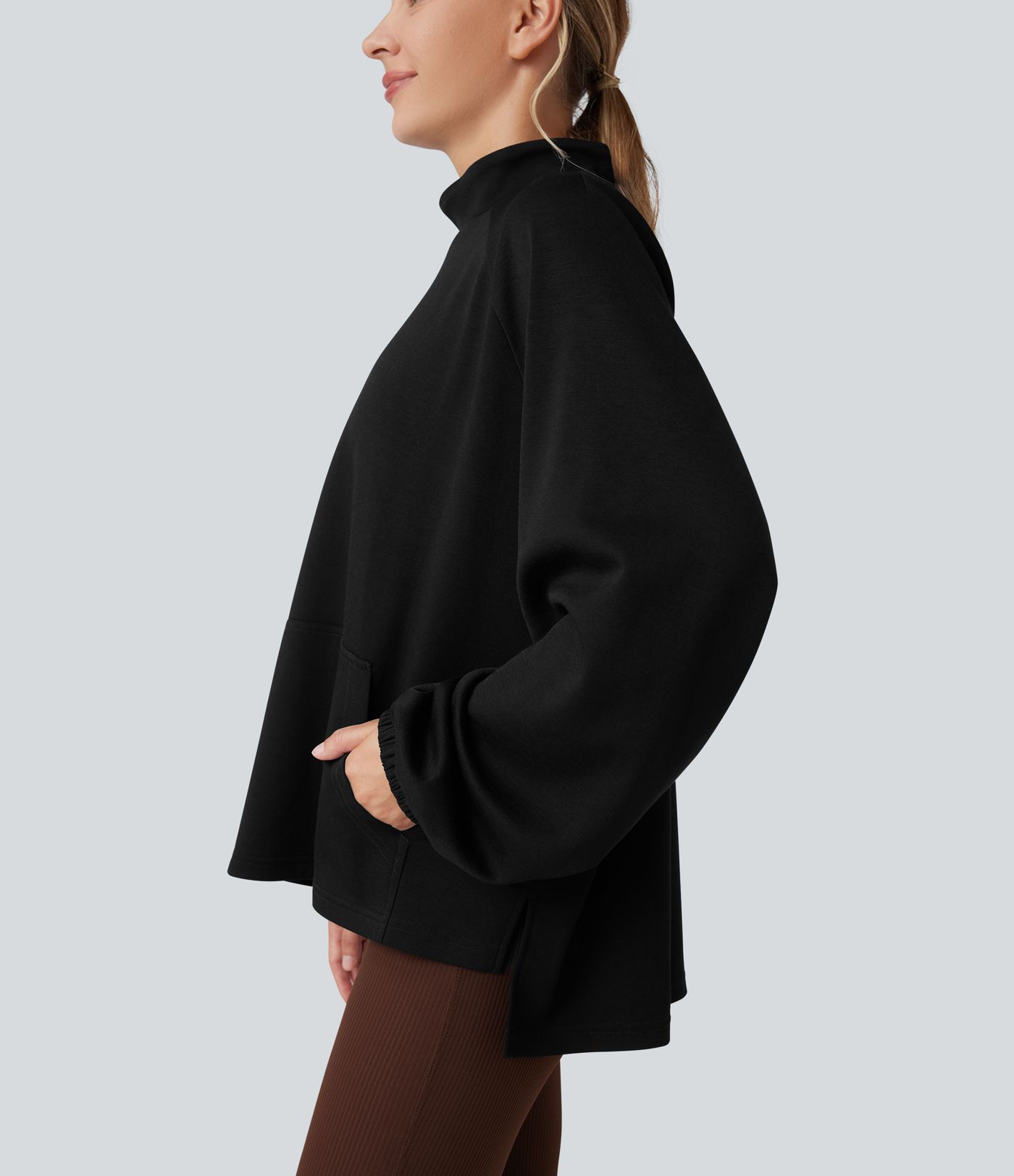 Mock Neck Long Sleeve High Low Casual Sweatshirt with Pocket