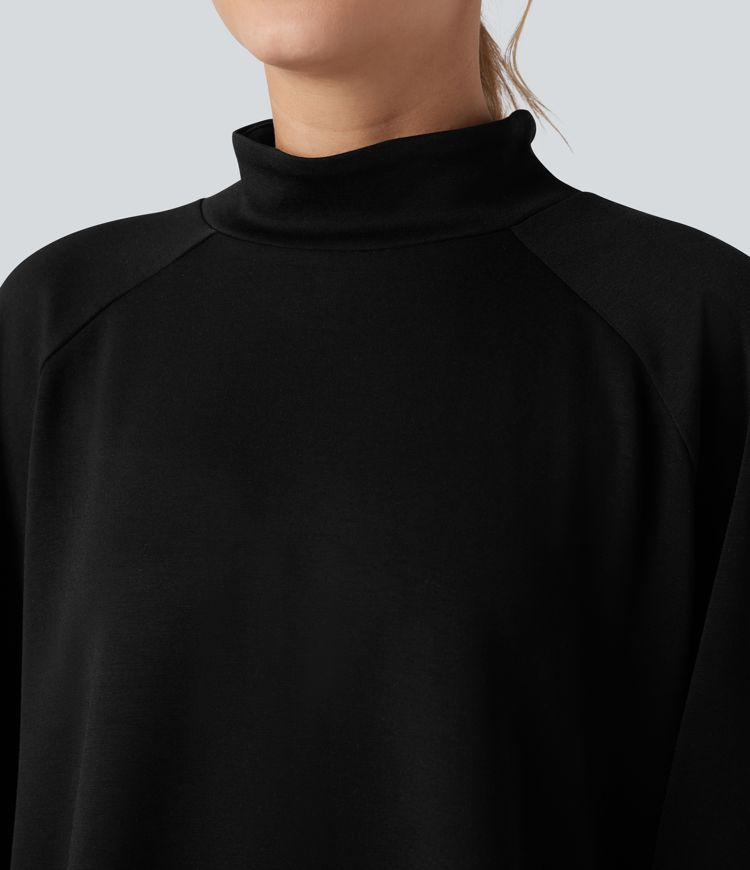 Mock Neck Long Sleeve High Low Casual Sweatshirt with Pocket