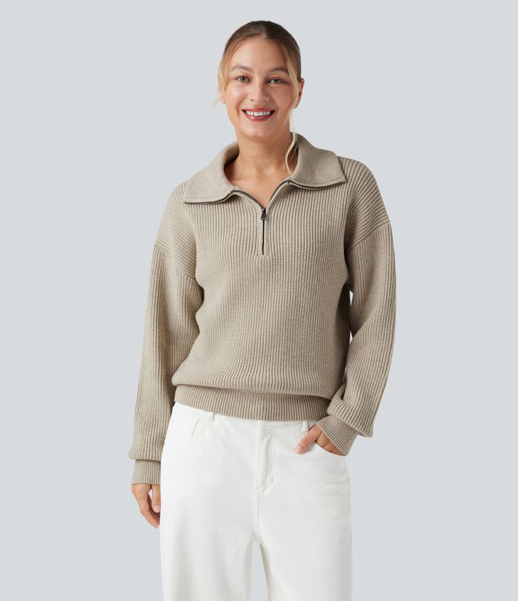 Lapel Half Zipper Long Sleeve Casual Sweater