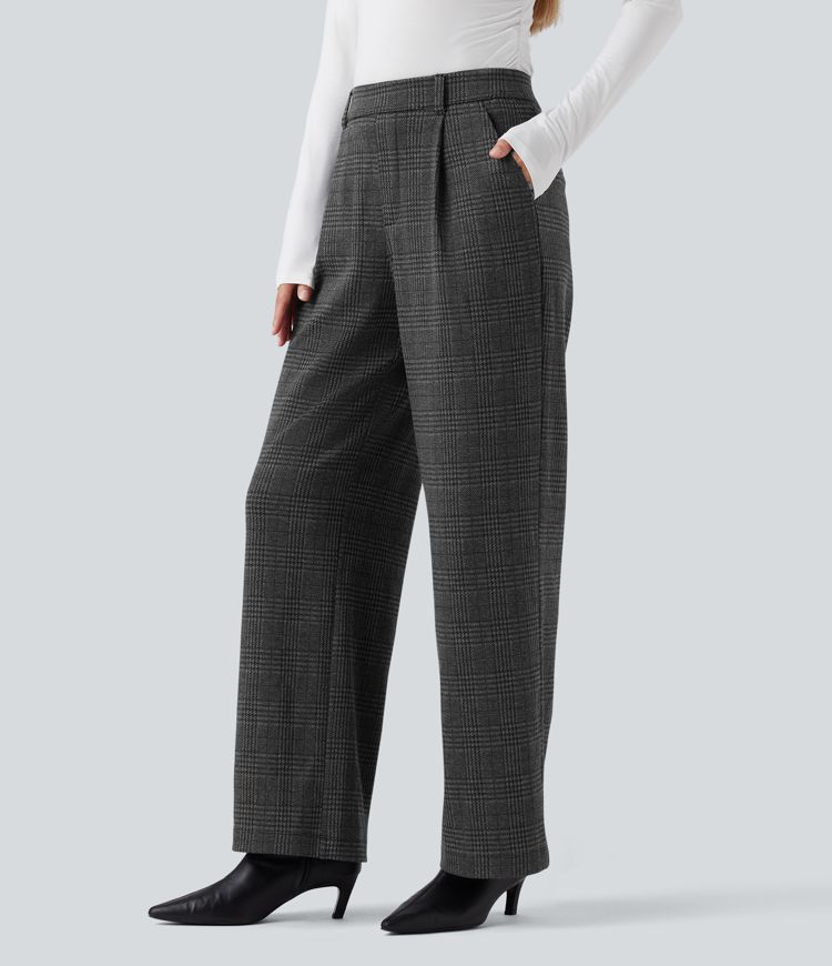 Pantalon tailleur droit Halara Flex™ taille haute pied-de-poule à carreaux avec poches