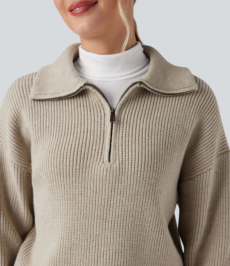 Lapel Half Zipper Long Sleeve Casual Sweater