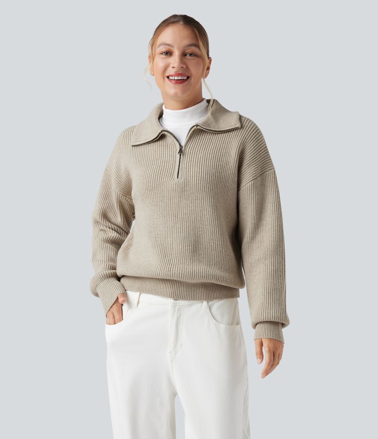 Lapel Half Zipper Long Sleeve Casual Sweater