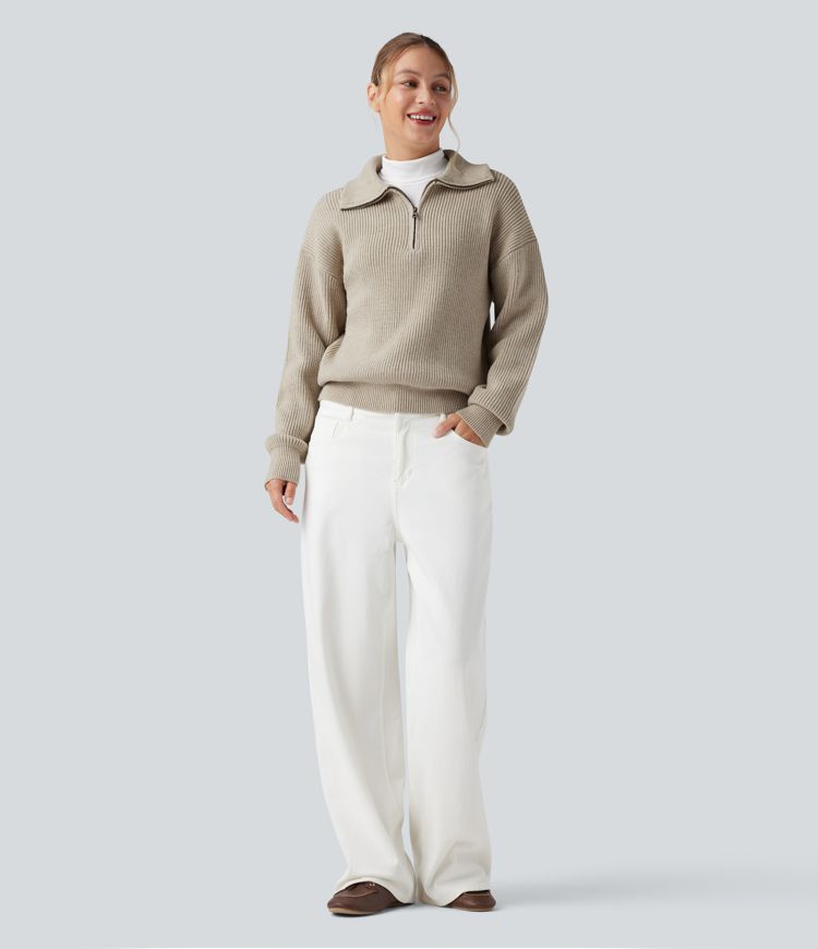 Lapel Half Zipper Long Sleeve Casual Sweater