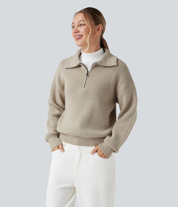 Lapel Half Zipper Long Sleeve Casual Sweater