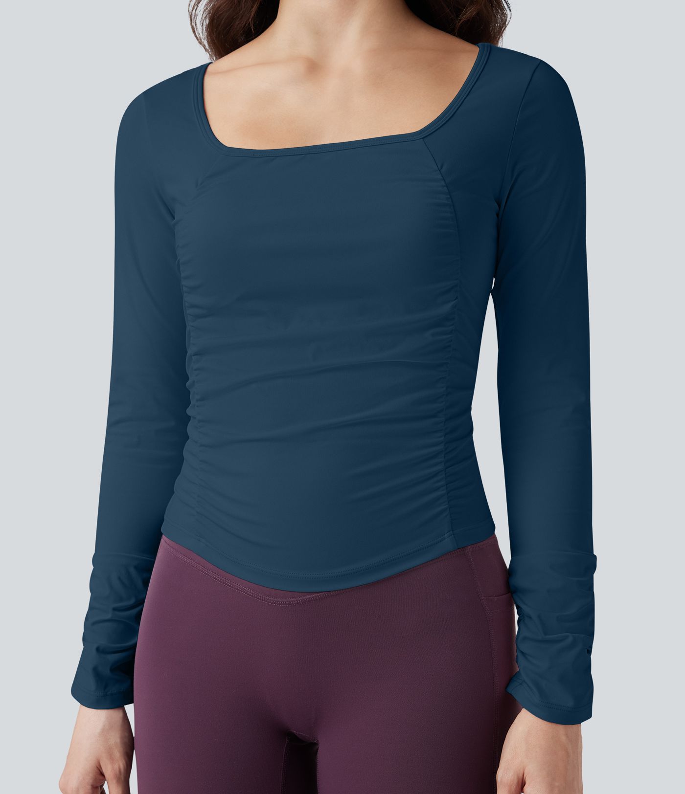 SoftlyZero™ Airy Square Neck Long Sleeve Ruched InstantCool Workout Sports Top
