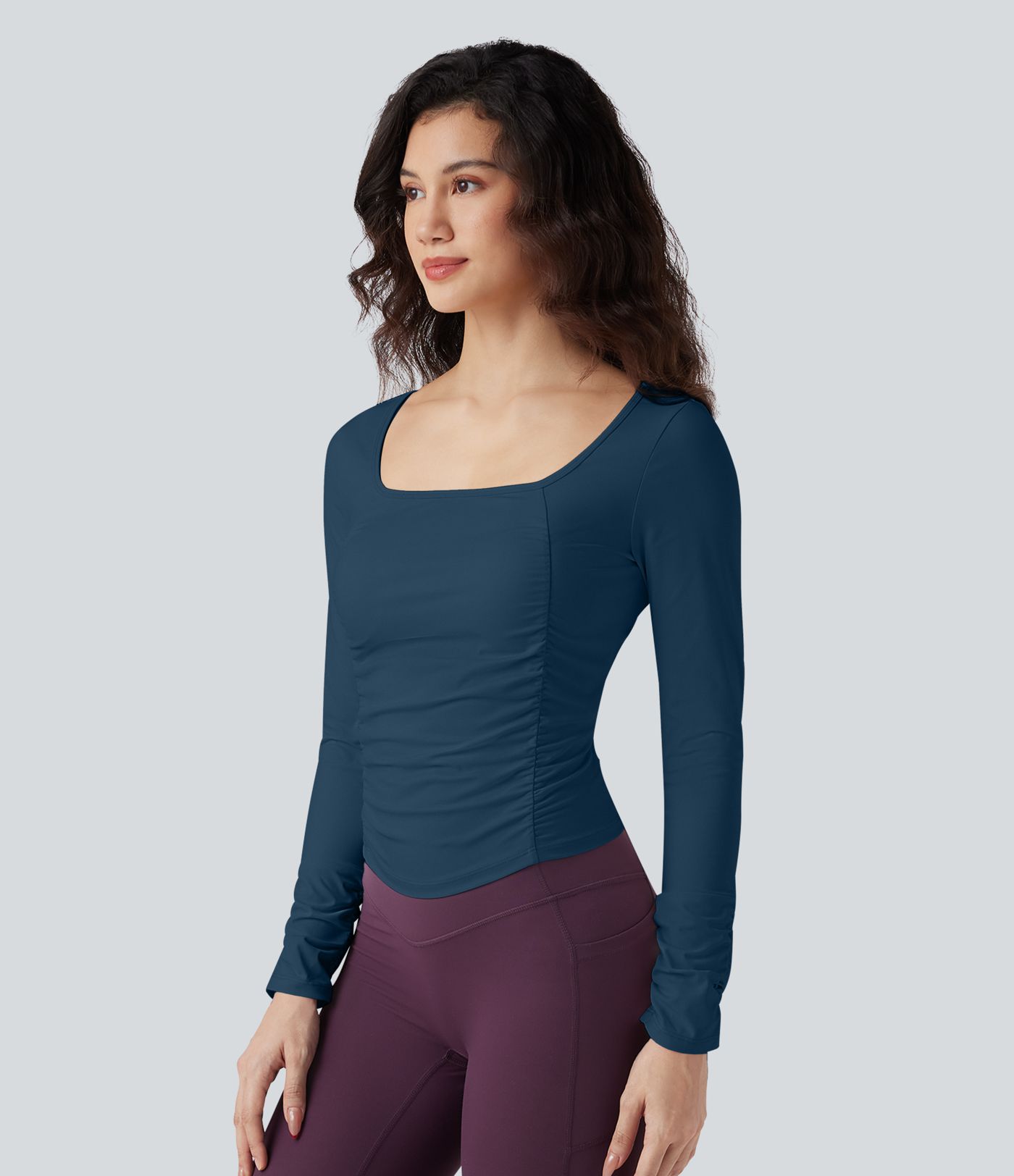 SoftlyZero™ Airy Square Neck Long Sleeve Ruched InstantCool Workout Sports Top