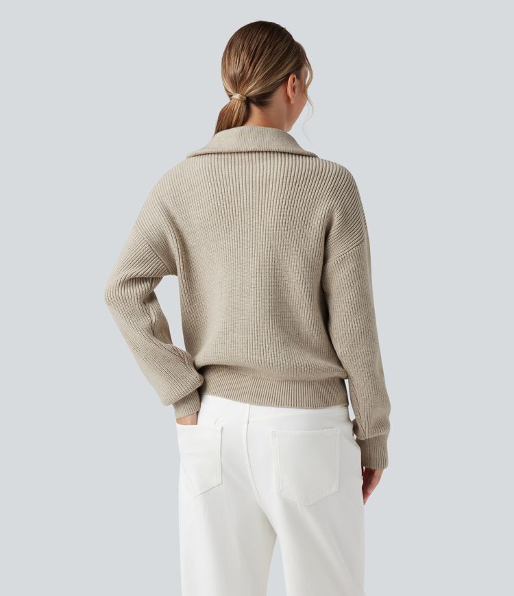 Lapel Half Zipper Long Sleeve Casual Sweater