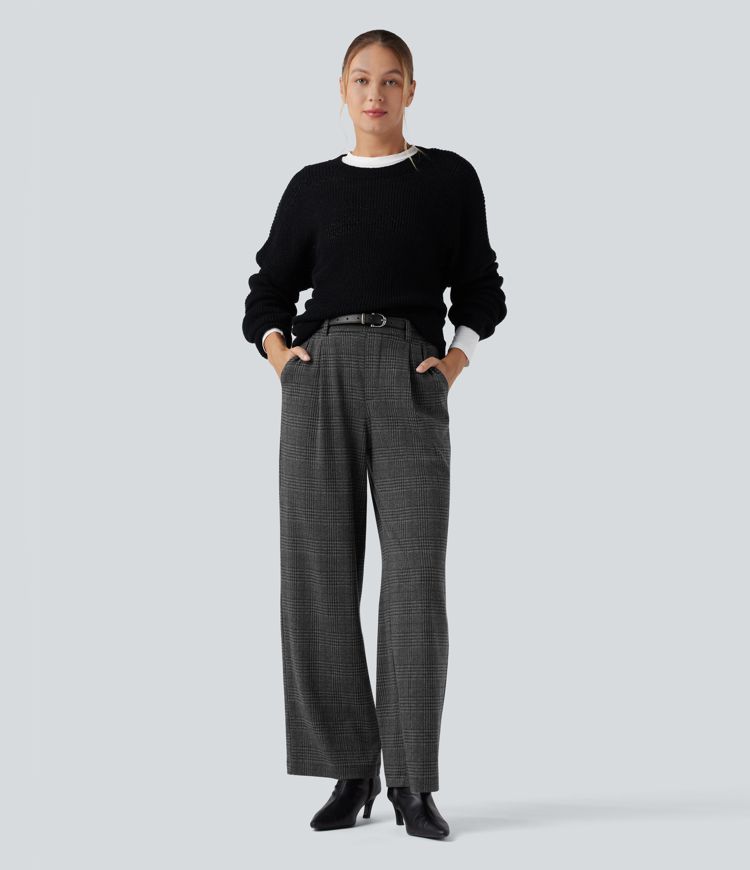 Pantalon tailleur droit Halara Flex™ taille haute pied-de-poule à carreaux avec poches