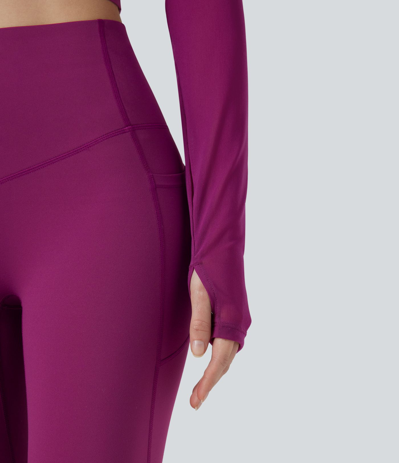 Haut de sport yoga cropped 2-en-1 manches longues mesh contrastant à trous pouces