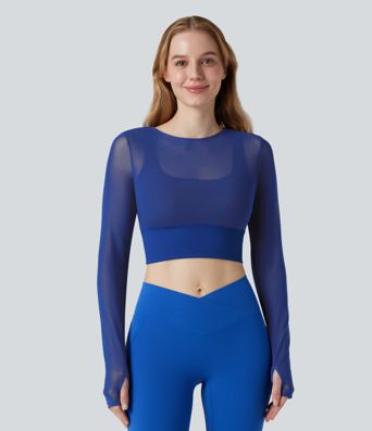 Contrast Mesh Long Sleeve Thumb Hole 2-in-1 Cropped Yoga Sports Top