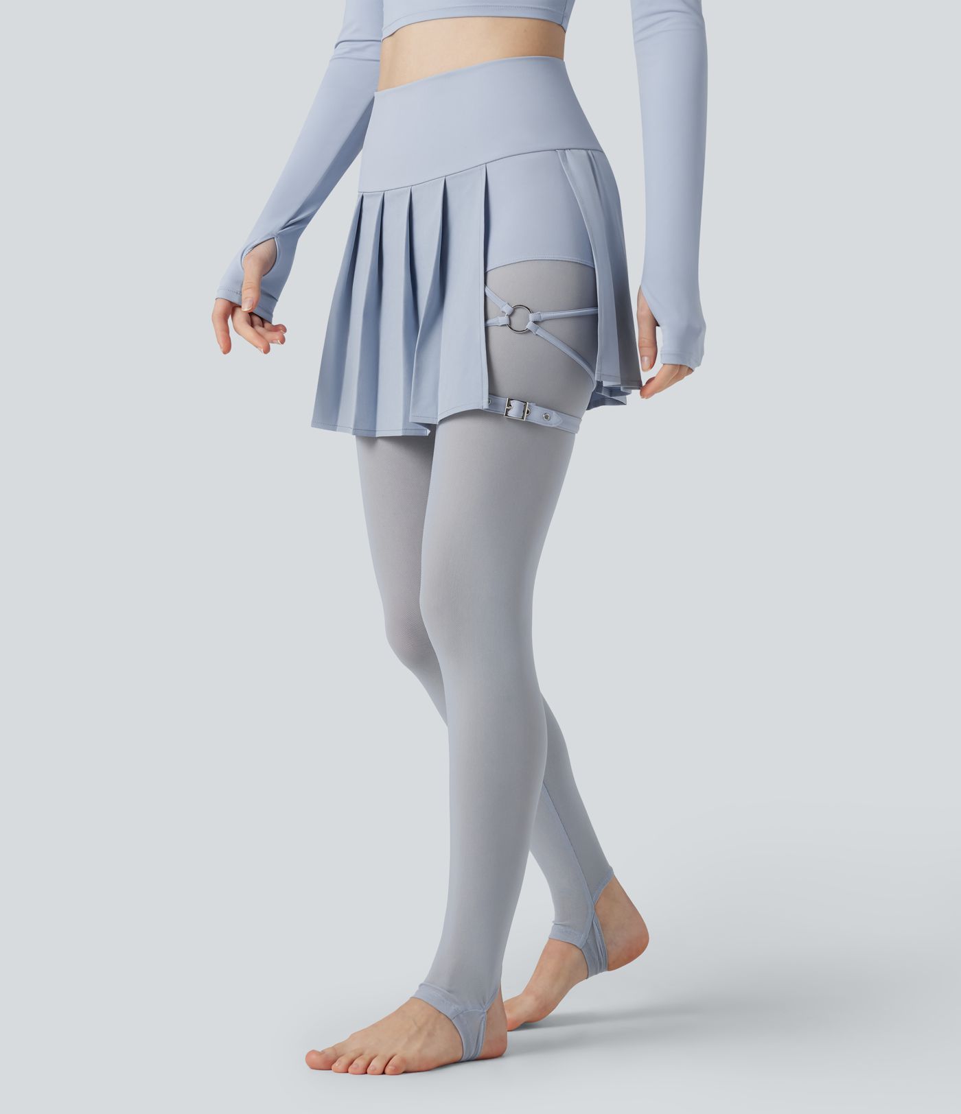 Breezeful™ High Waisted Pleated 2-in-1 Contrast Mesh Quick Dry Dance Stirrup Skirted Leggings with Pockets