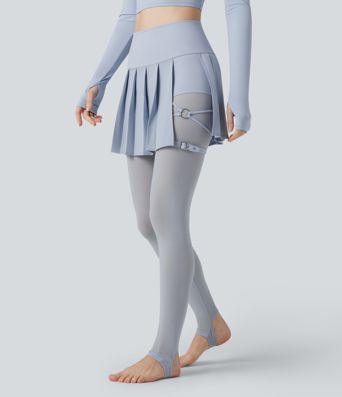 Breezeful™ High Waisted Pleated 2-in-1 Contrast Mesh Quick Dry Dance Stirrup Skirted Leggings with Pockets