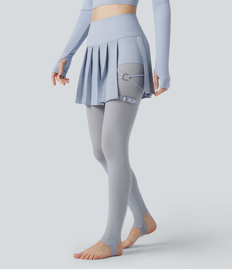 Breezeful™ High Waisted Pleated 2-in-1 Contrast Mesh Quick Dry Dance Stirrup Skirted Leggings with Pockets
