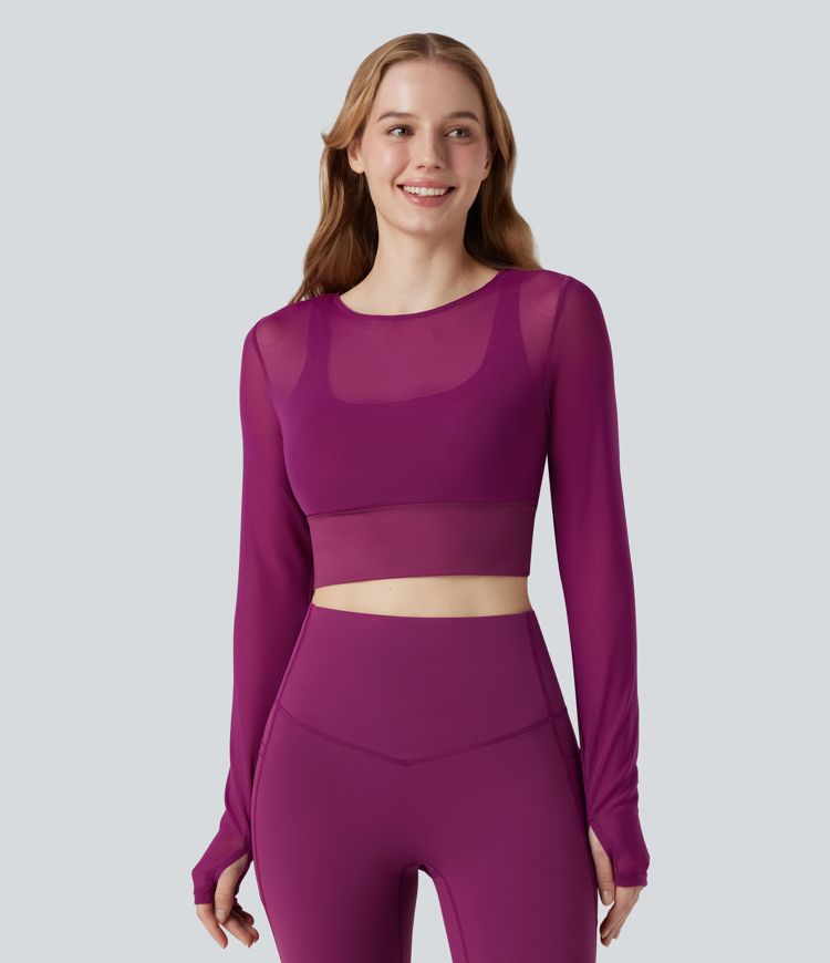 Haut de sport yoga cropped 2-en-1 manches longues mesh contrastant à trous pouces