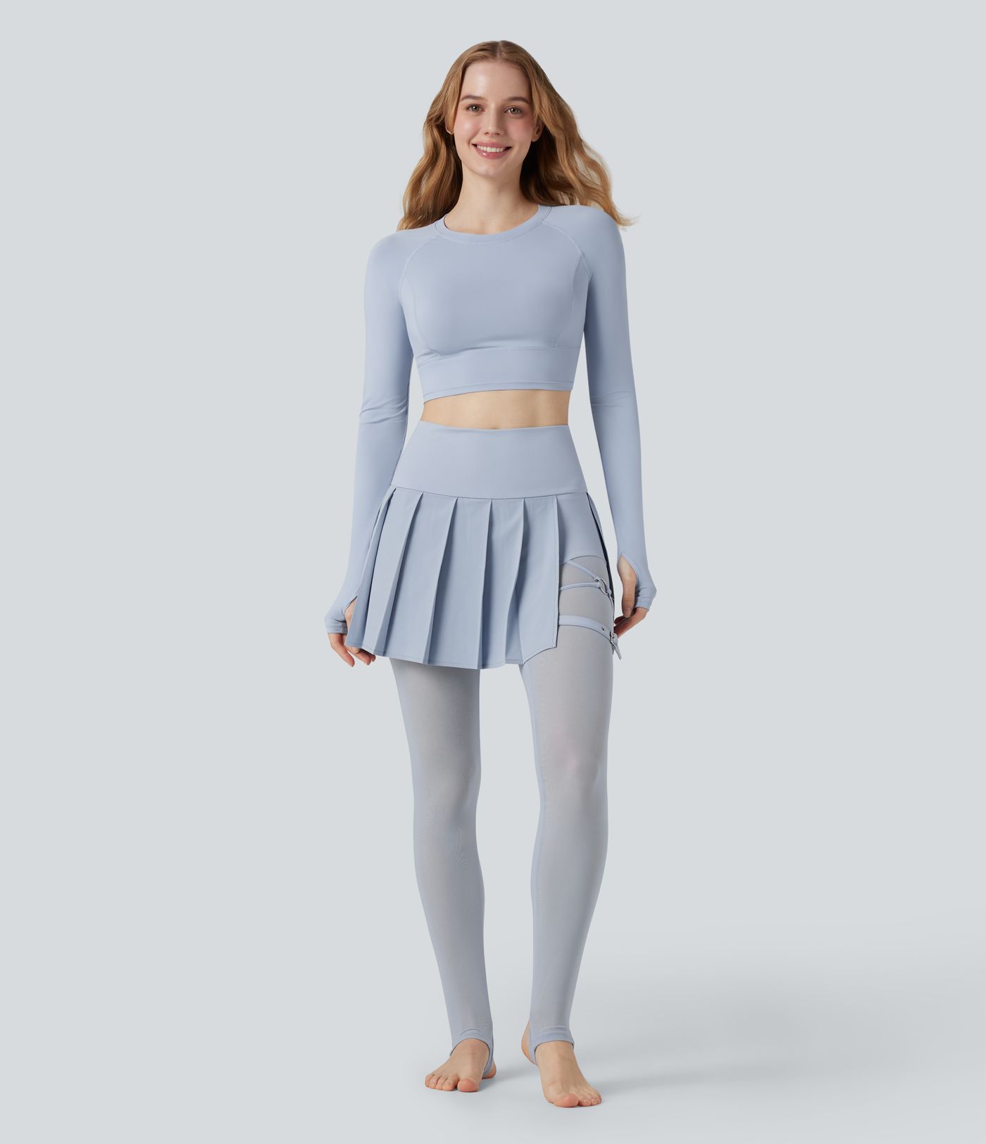 Breezeful™ High Waisted Pleated 2-in-1 Contrast Mesh Quick Dry Dance Stirrup Skirted Leggings with Pockets