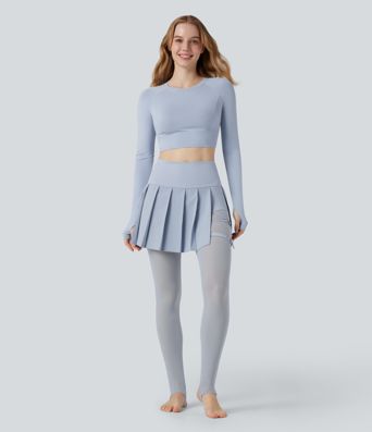 Breezeful™ High Waisted Pleated 2-in-1 Contrast Mesh Quick Dry Dance Stirrup Skirted Leggings with Pockets