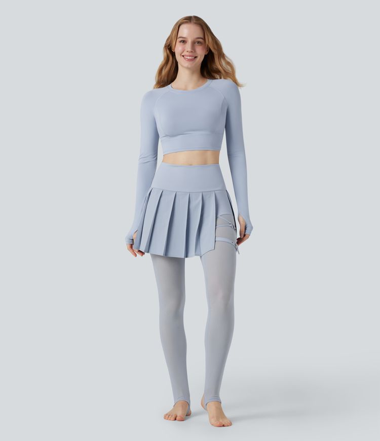 Breezeful™ High Waisted Pleated 2-in-1 Contrast Mesh Quick Dry Dance Stirrup Skirted Leggings with Pockets