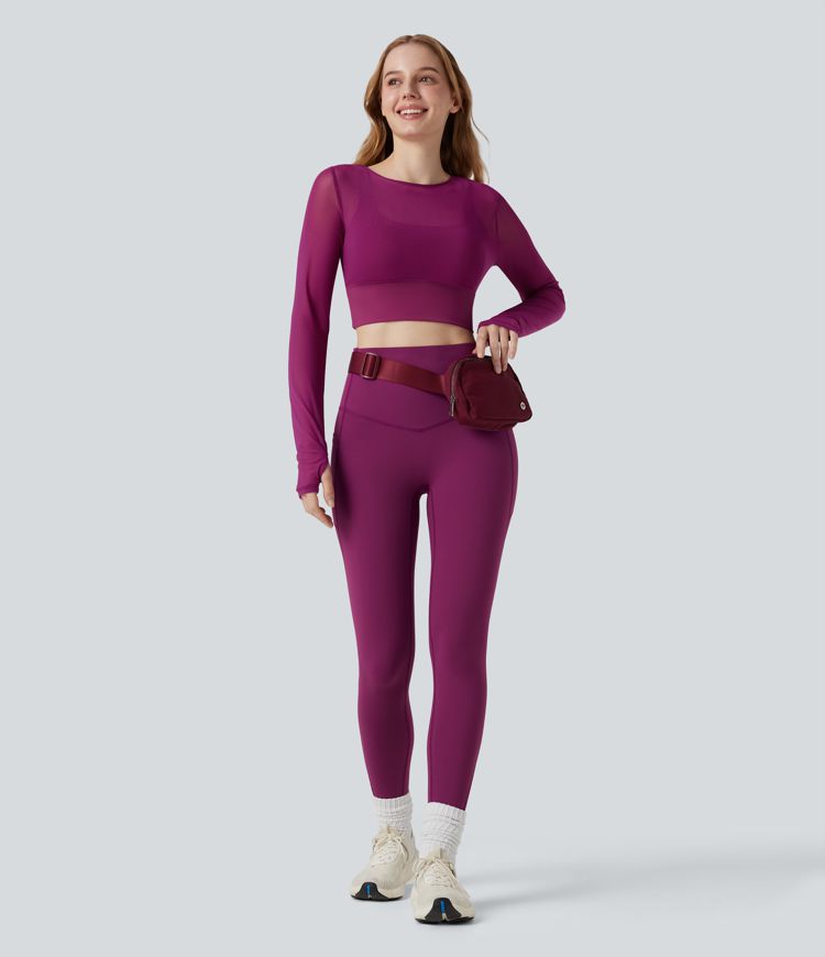 Haut de sport yoga cropped 2-en-1 manches longues mesh contrastant à trous pouces