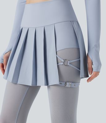 Breezeful™ High Waisted Pleated 2-in-1 Contrast Mesh Quick Dry Dance Stirrup Skirted Leggings with Pockets