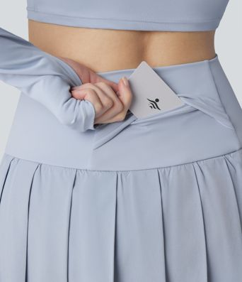 Breezeful™ High Waisted Pleated 2-in-1 Contrast Mesh Quick Dry Dance Stirrup Skirted Leggings with Pockets