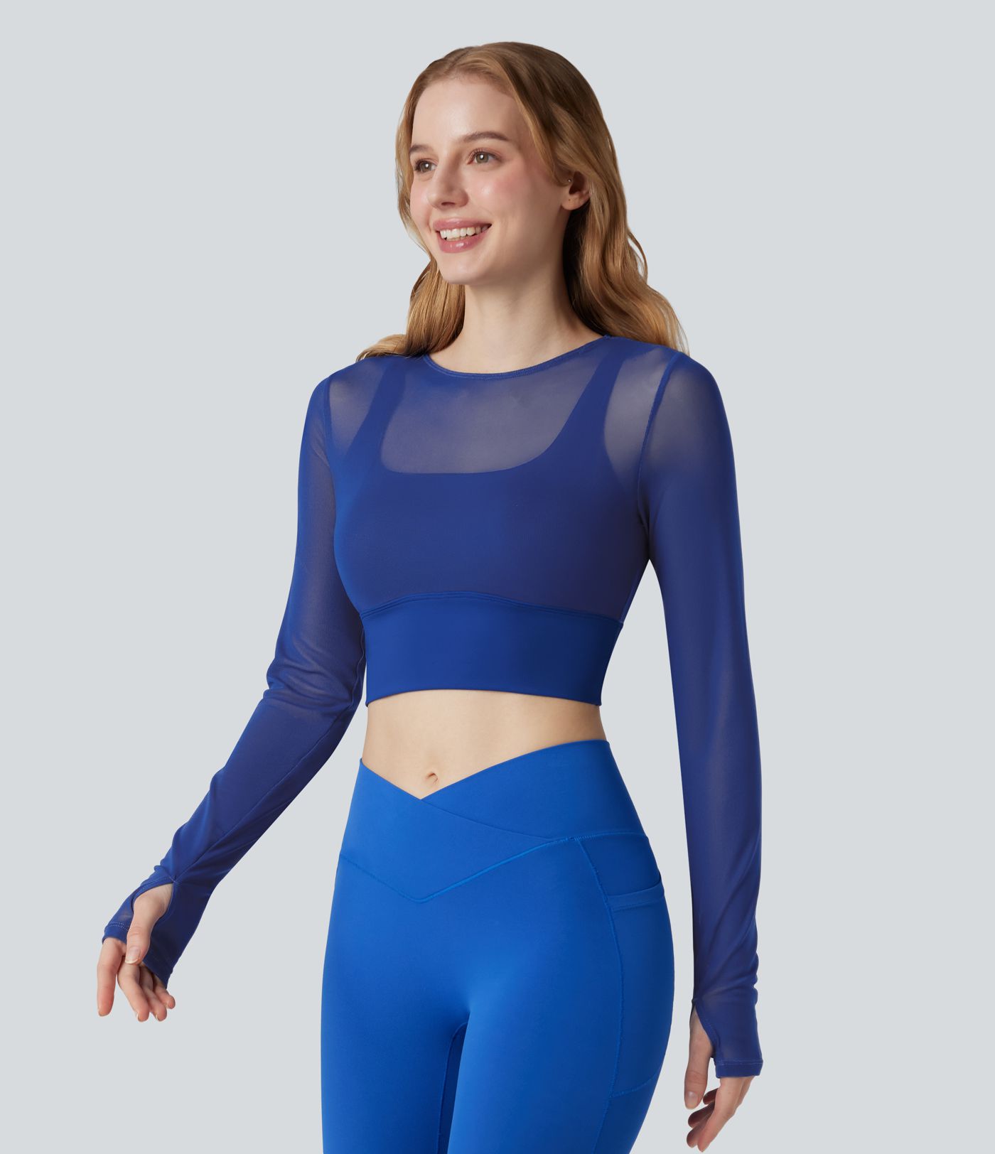 Contrast Mesh Long Sleeve Thumb Hole 2-in-1 Cropped Yoga Sports Top