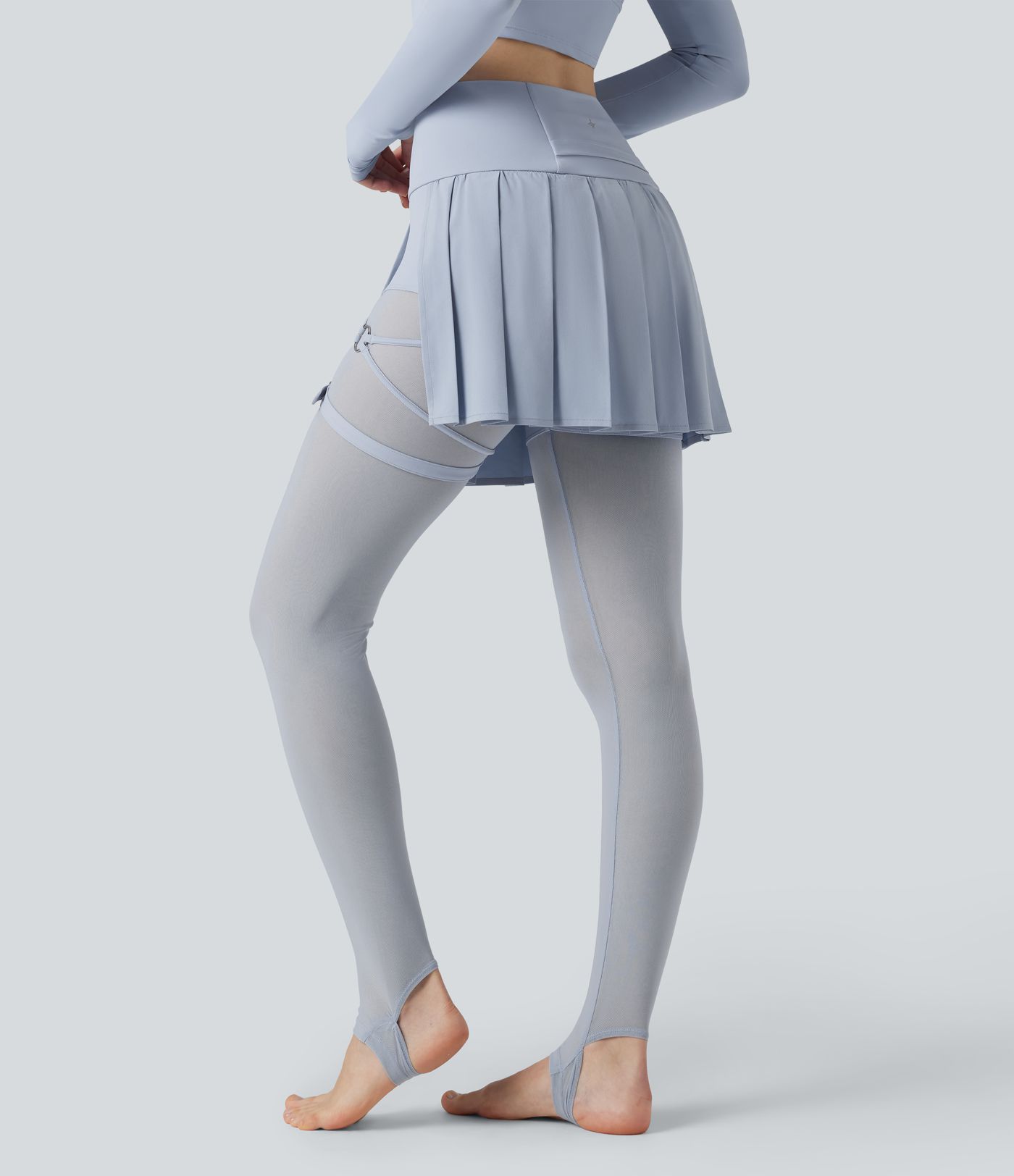Breezeful™ High Waisted Pleated 2-in-1 Contrast Mesh Quick Dry Dance Stirrup Skirted Leggings with Pockets