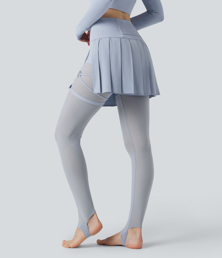 Breezeful™ High Waisted Pleated 2-in-1 Contrast Mesh Quick Dry Dance Stirrup Skirted Leggings with Pockets