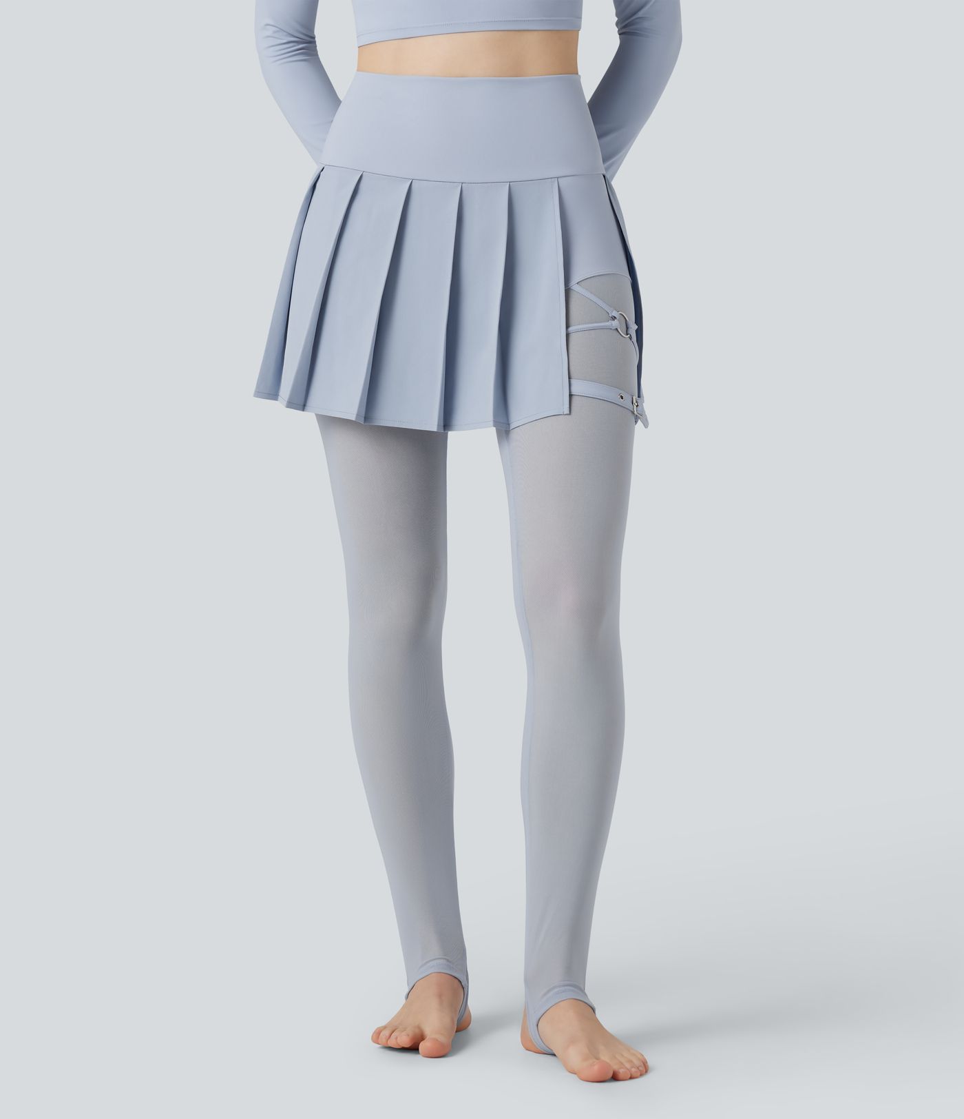 Breezeful™ High Waisted Pleated 2-in-1 Contrast Mesh Quick Dry Dance Stirrup Skirted Leggings with Pockets