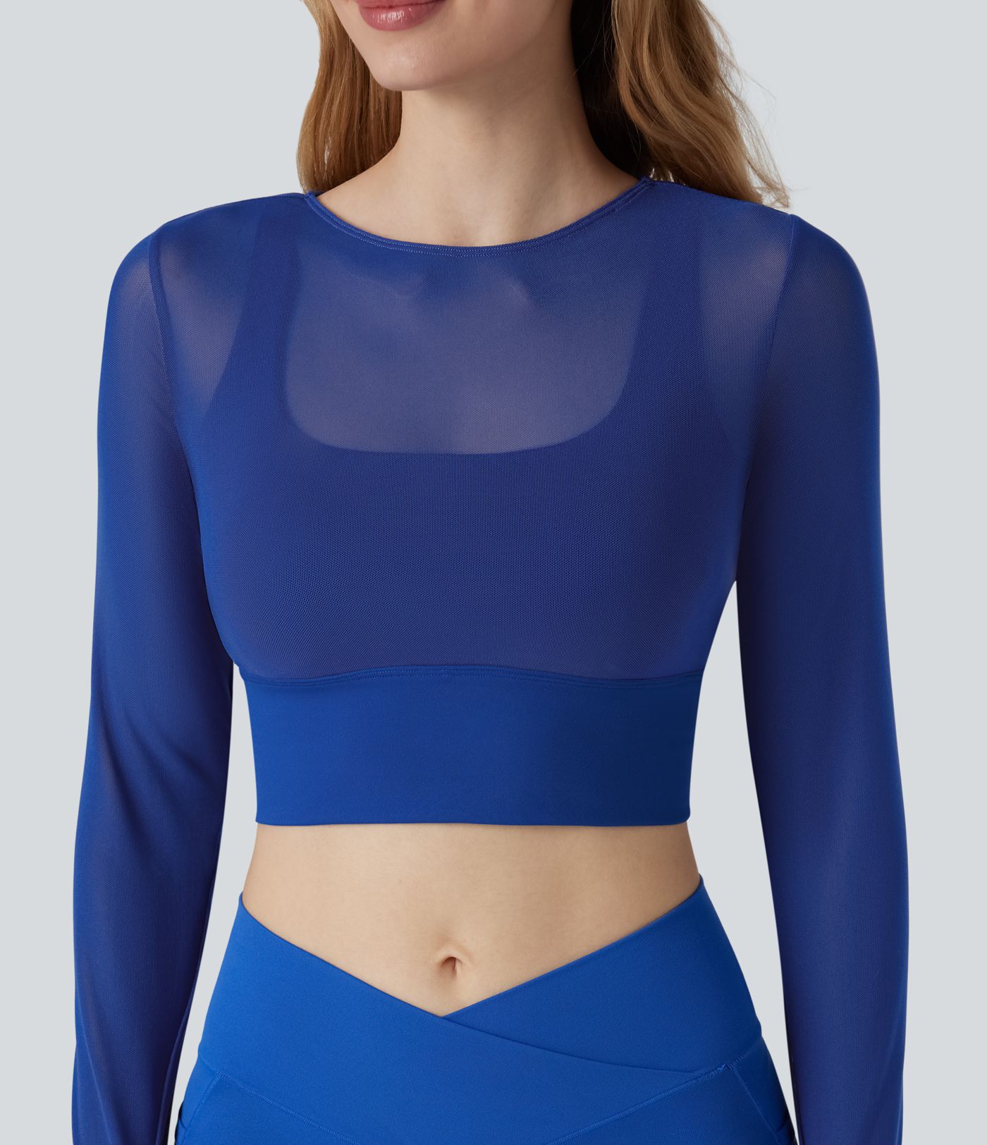 Contrast Mesh Long Sleeve Thumb Hole 2-in-1 Cropped Yoga Sports Top
