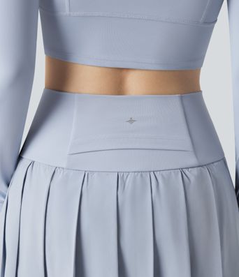 Breezeful™ High Waisted Pleated 2-in-1 Contrast Mesh Quick Dry Dance Stirrup Skirted Leggings with Pockets