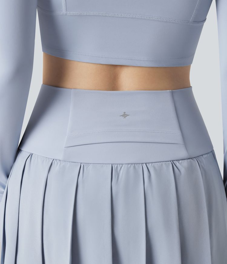 Breezeful™ High Waisted Pleated 2-in-1 Contrast Mesh Quick Dry Dance Stirrup Skirted Leggings with Pockets