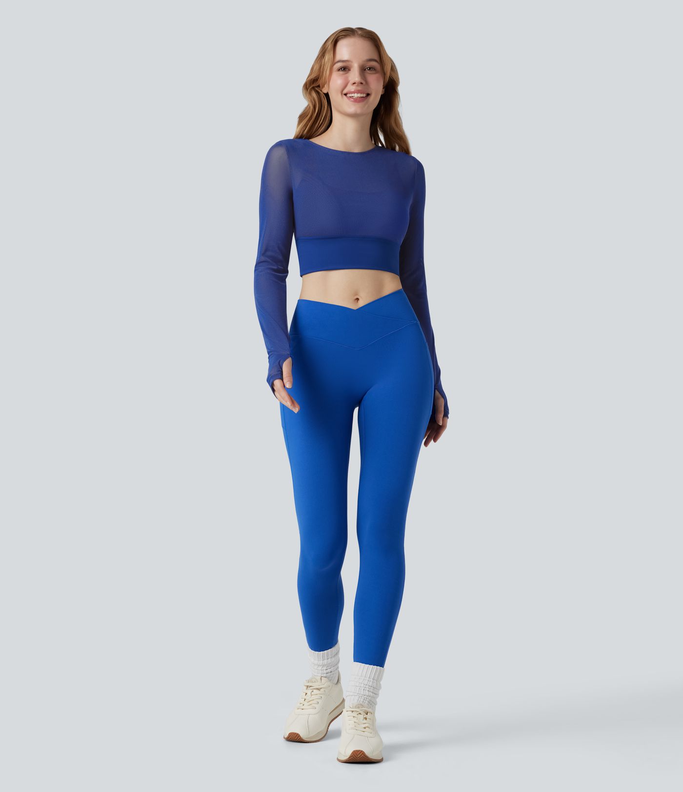 Contrast Mesh Long Sleeve Thumb Hole 2-in-1 Cropped Yoga Sports Top