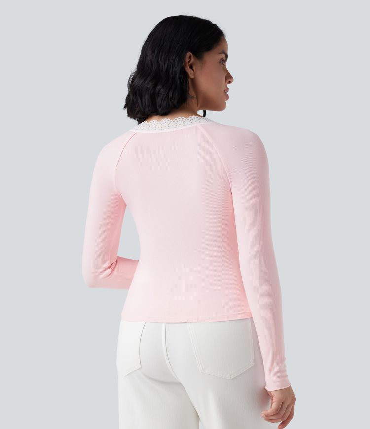 Ribbed Knit Henley Contrast Lace Long Sleeve Casual Top