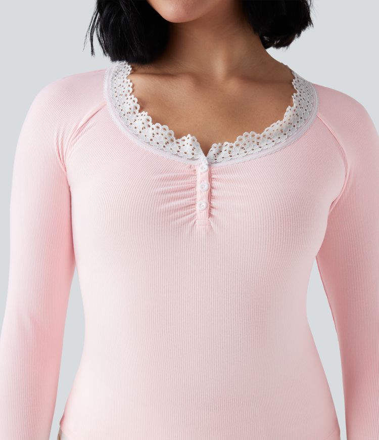 Ribbed Knit Henley Contrast Lace Long Sleeve Casual Top