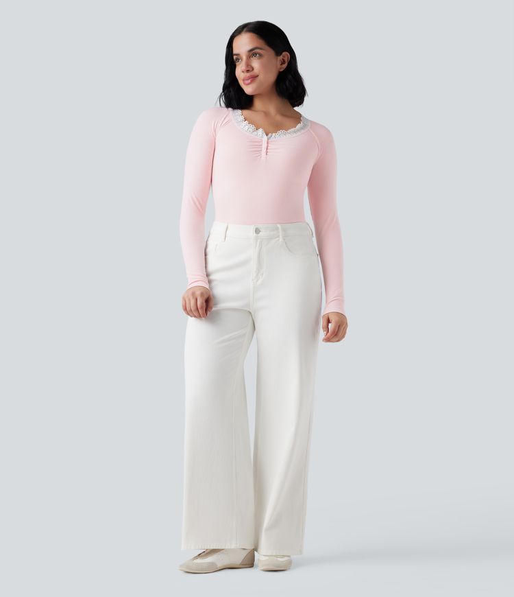 Ribbed Knit Henley Contrast Lace Long Sleeve Casual Top