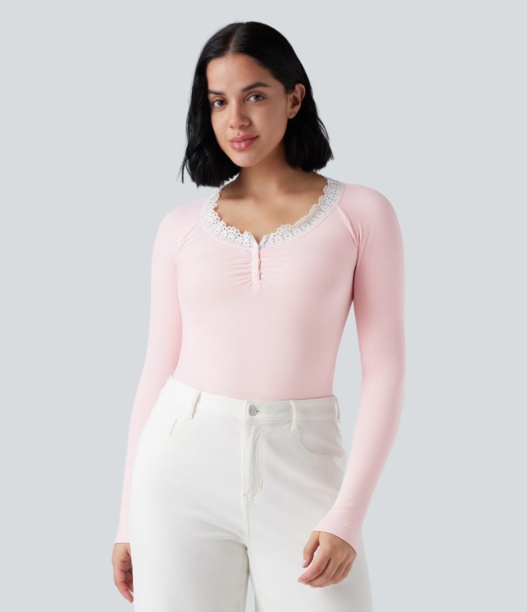 Ribbed Knit Henley Contrast Lace Long Sleeve Casual Top