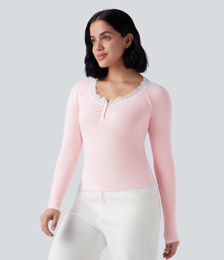 Ribbed Knit Henley Contrast Lace Long Sleeve Casual Top