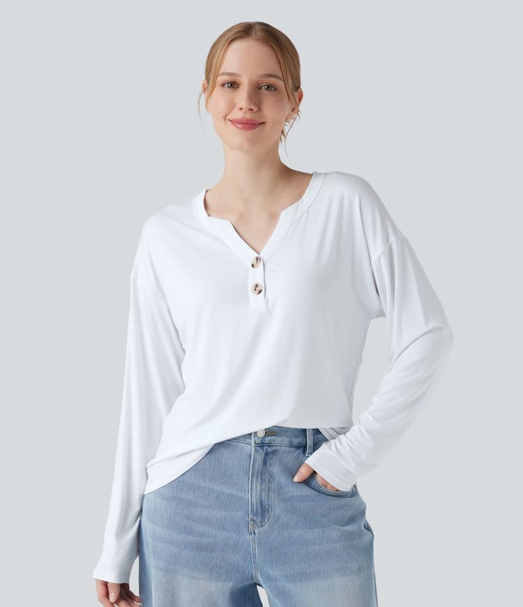 Henley Neck Long Sleeve Casual T-Shirt