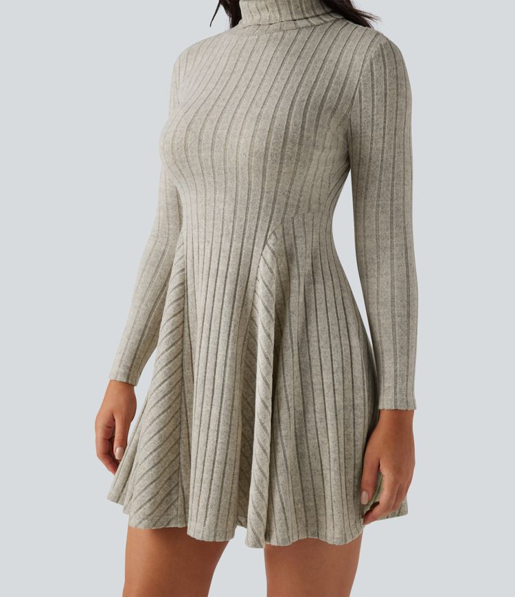Ribbed Knit High Neck Long Sleeve Flare Mini Casual Dress
