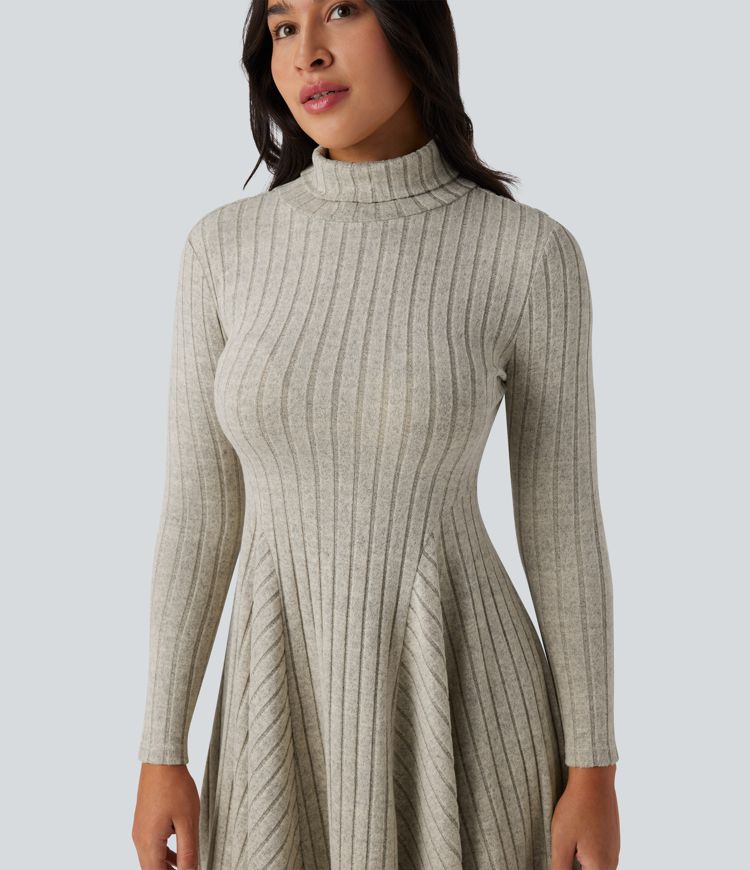 Ribbed Knit High Neck Long Sleeve Flare Mini Casual Dress