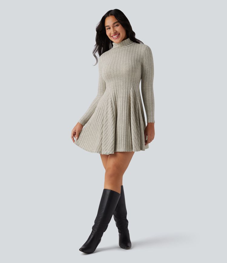 Ribbed Knit High Neck Long Sleeve Flare Mini Casual Dress