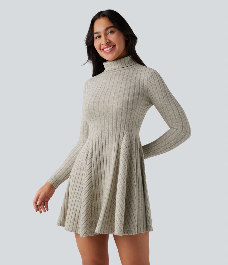 Ribbed Knit High Neck Long Sleeve Flare Mini Casual Dress