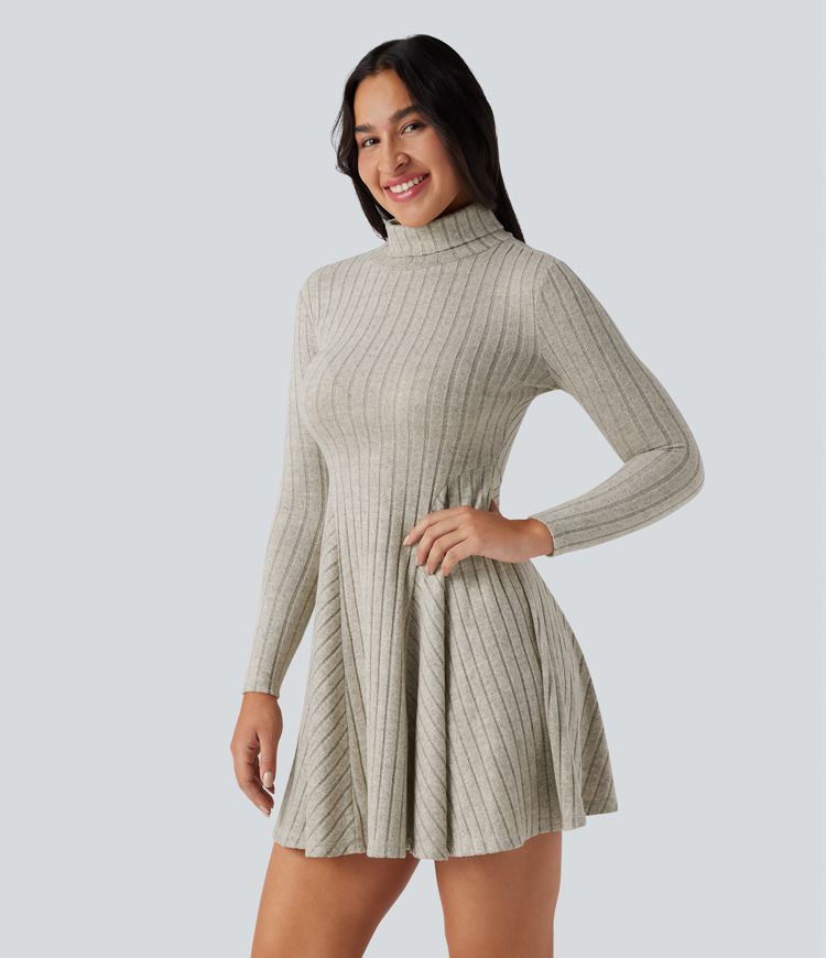 Ribbed Knit High Neck Long Sleeve Flare Mini Casual Dress
