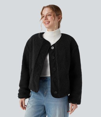 Reversible Long Sleeve Casual Sherpa Jacket with Pockets (Two Looks in One) Reversible Long Sleeve Casual Sherpa Jacket with Pockets (Two Looks in One)