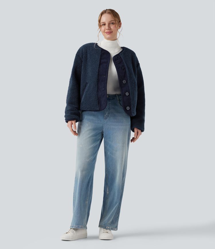 Veste sherpa réversible à manches longues avec poches (deux styles en un)