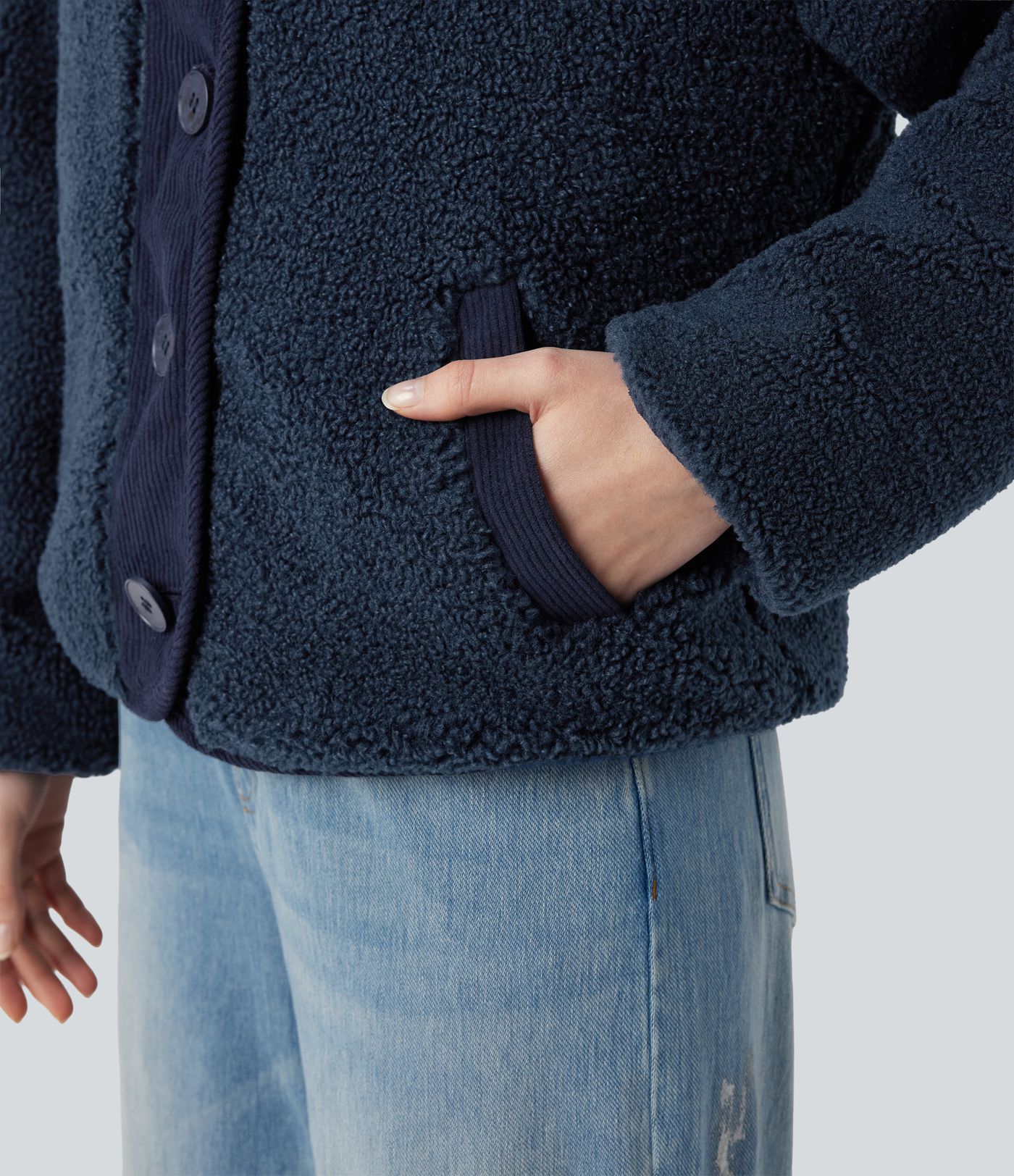 Veste sherpa réversible à manches longues avec poches (deux styles en un)