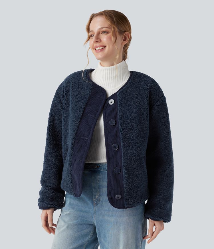 Veste sherpa réversible à manches longues avec poches (deux styles en un)