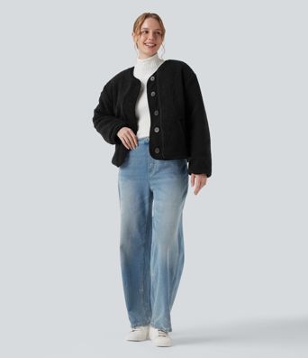 Reversible Long Sleeve Casual Sherpa Jacket with Pockets (Two Looks in One) Reversible Long Sleeve Casual Sherpa Jacket with Pockets (Two Looks in One)