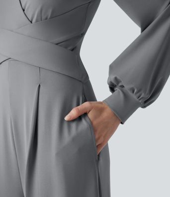 V-neck Puff Long Sleeve Crossover Work Jumpsuit with Pockets-Easy Peezy