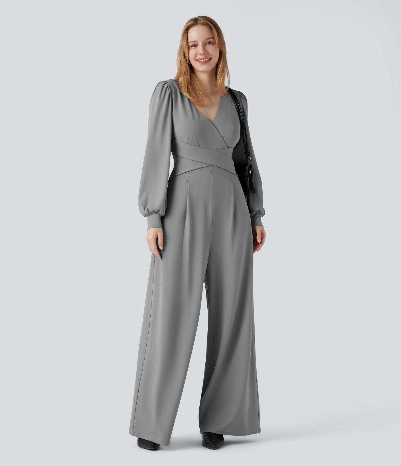 V-neck Puff Long Sleeve Crossover Work Jumpsuit with Pockets-Easy Peezy
